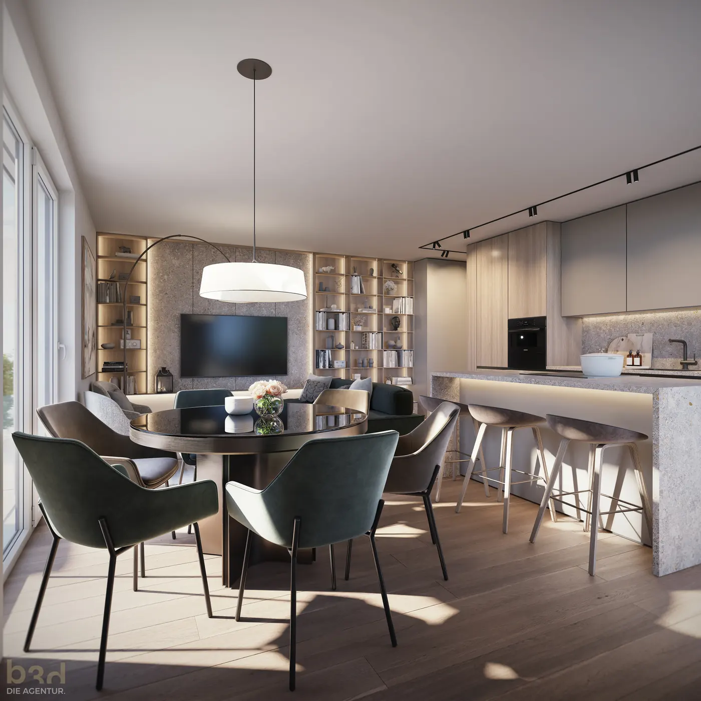 Wohnküche mit Kochinsel und Regalwand, Wohnbeispiel AU|FELD HOMES