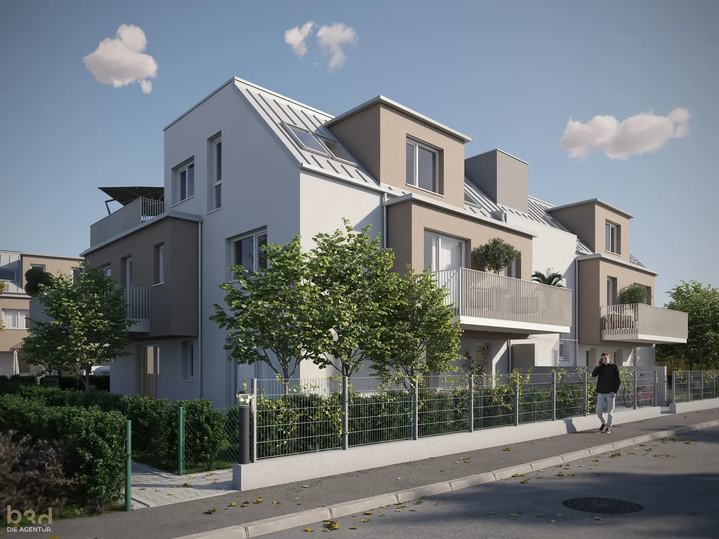 Straßenansicht von AU|FELD HOMES mit klarer Architektur und Balkonen
