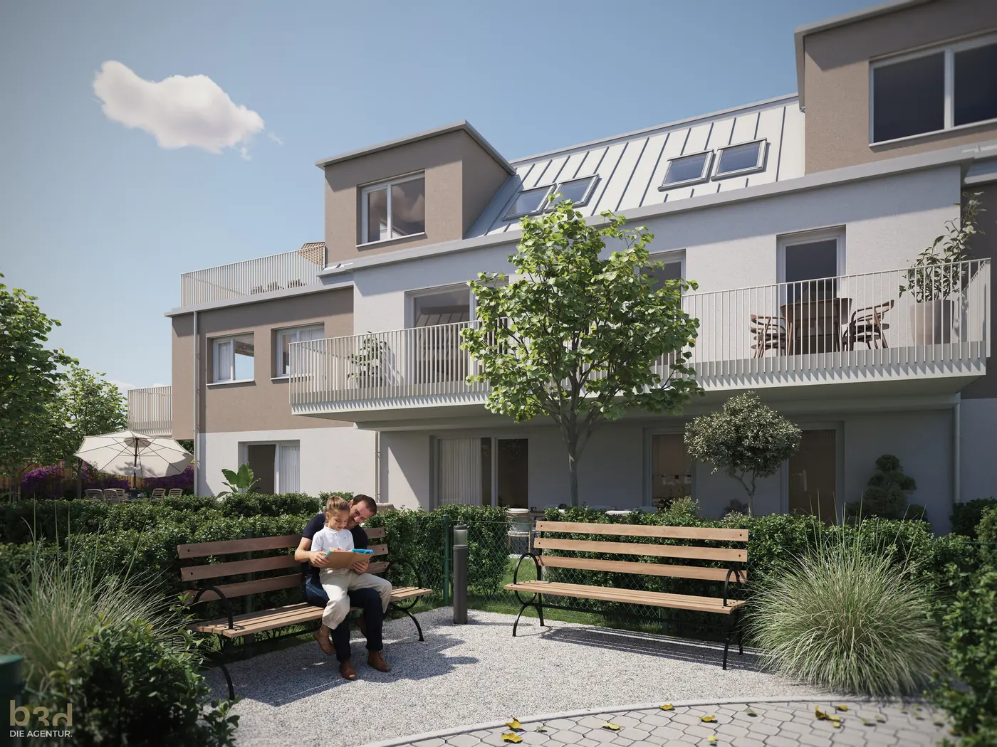 Sitzbänke am begrünten Vorplatz zwischen den Häusern von AU|FELD HOMES