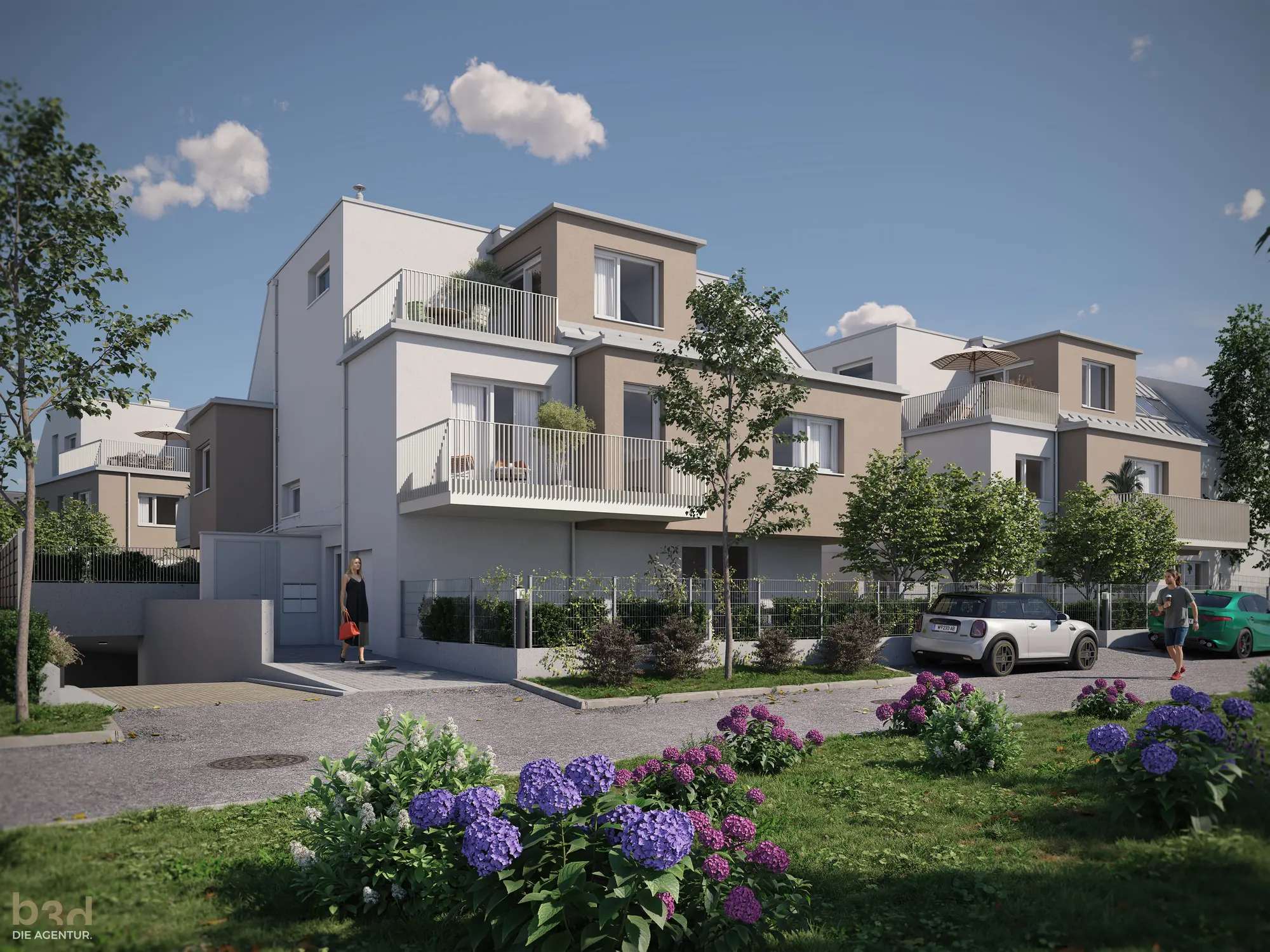 Visualisierung des Wohnensembles AU|FELD HOMES mit drei Baukörpern und Gärten in Wien Stammersdorf