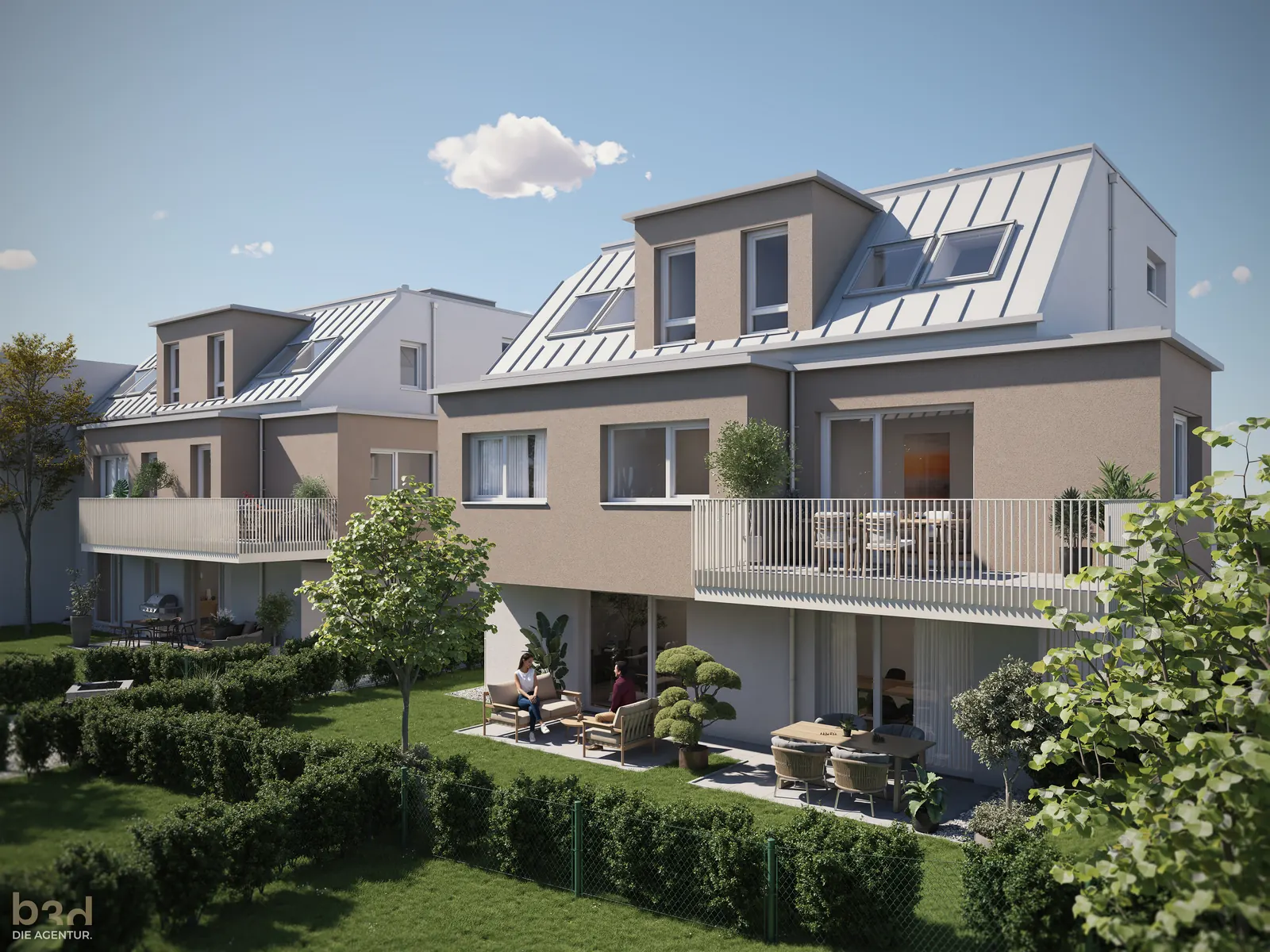 Gartenfassade von AU|FELD HOMES mit Terrassen, Balkonen und eingewachsenen Hecken