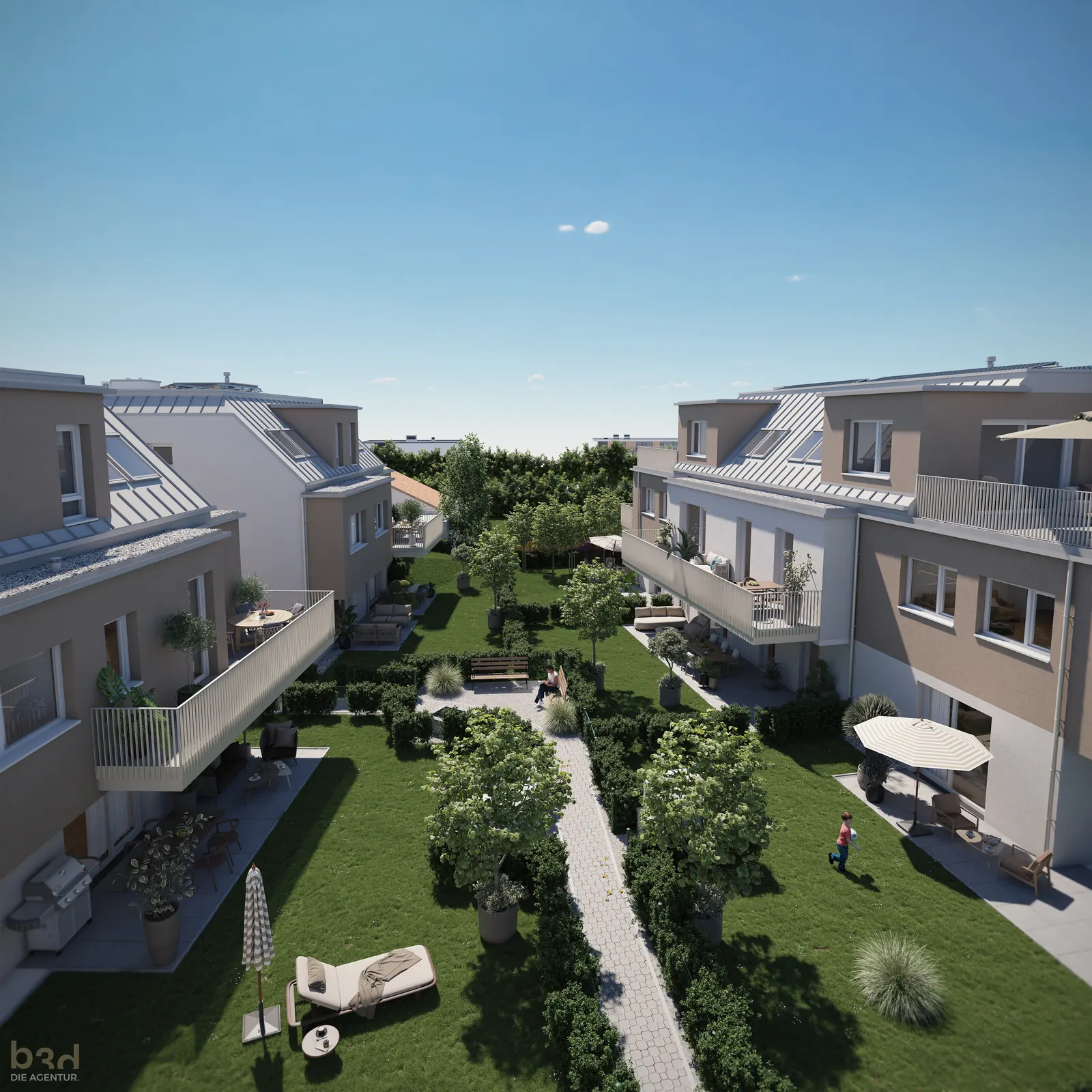Gemeinsamer Gartenhof zwischen den drei Häusern von AU|FELD HOMES